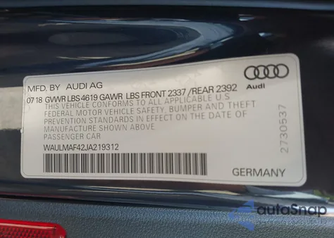 2018 Audi A4 2.0T Tech Ultra Premium/2.0T Ultra Premium z USA, uszkodzony, nr VIN WAULMAF42JA219312